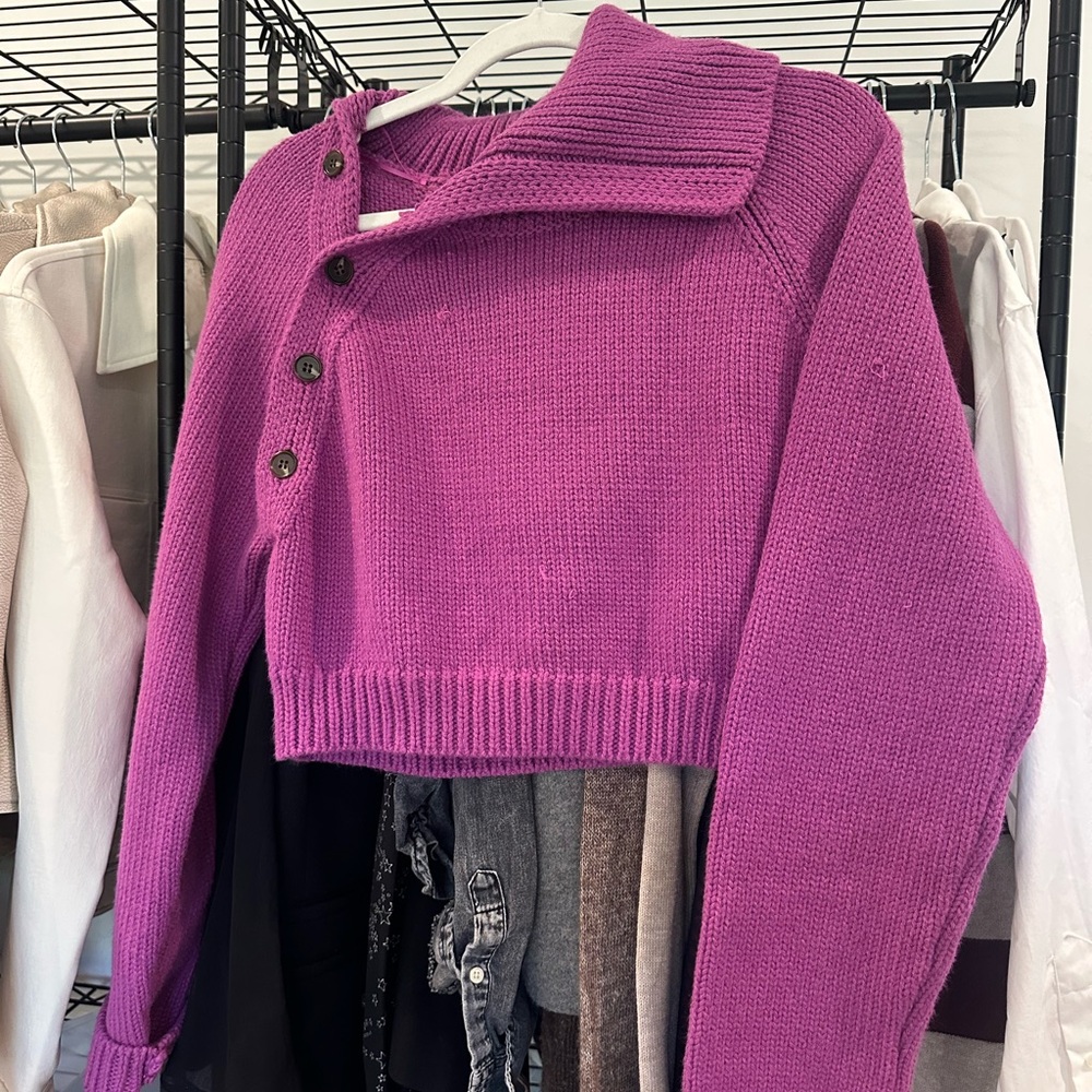 Purple Cropped Sweater with Button Detail
